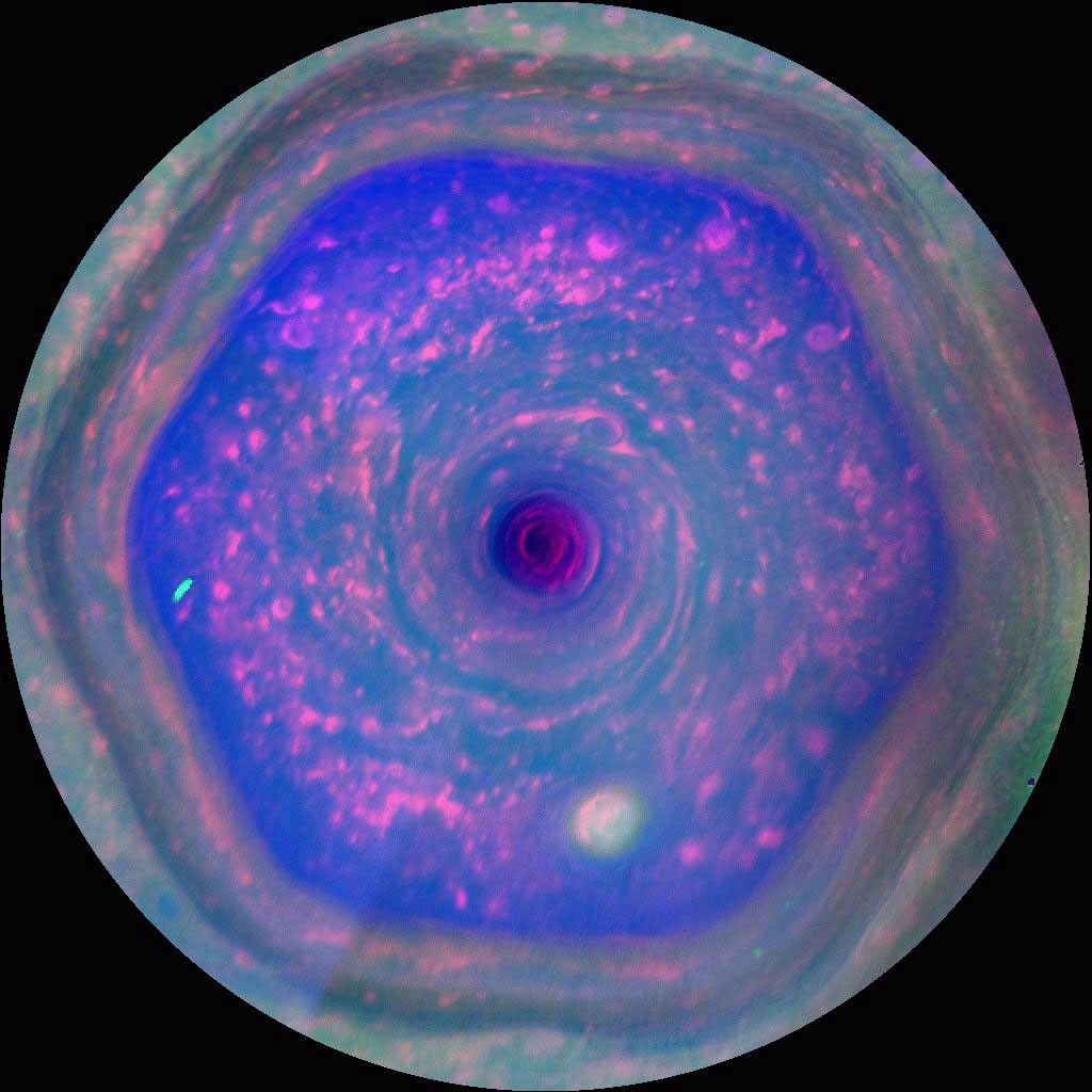 False-color image of Saturn’s hexagonal north polar jet stream